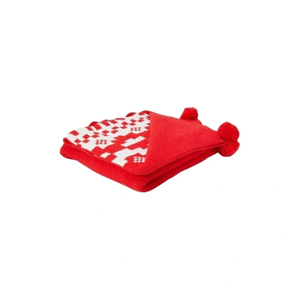 Victorias Secret PINK Vintage Knit Red Pom Pom Blanket - Picture 3 of 3
